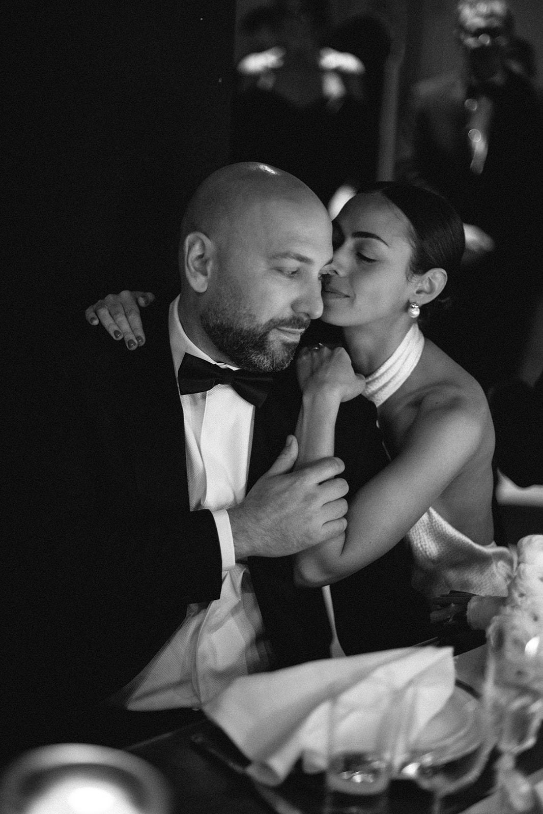 Candid portrait of bride and groom during their wedding reception, Brooklyn